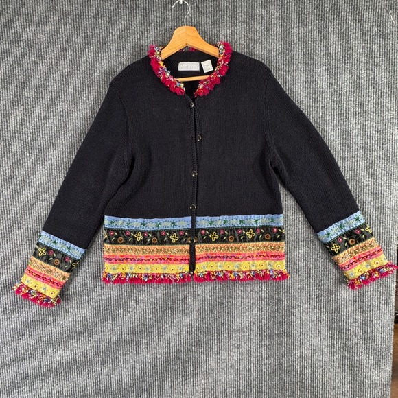 Ann Trinity Womens L Black Cardigan Sweater Boho‎ Embroidered Fringe Whimsigoth - Picture 2 of 11